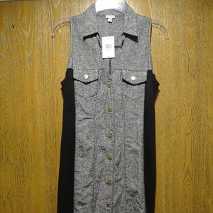 Guess Dress Medium M Short Snap Buttons Black Gray Collar Linen Cotton New Tags